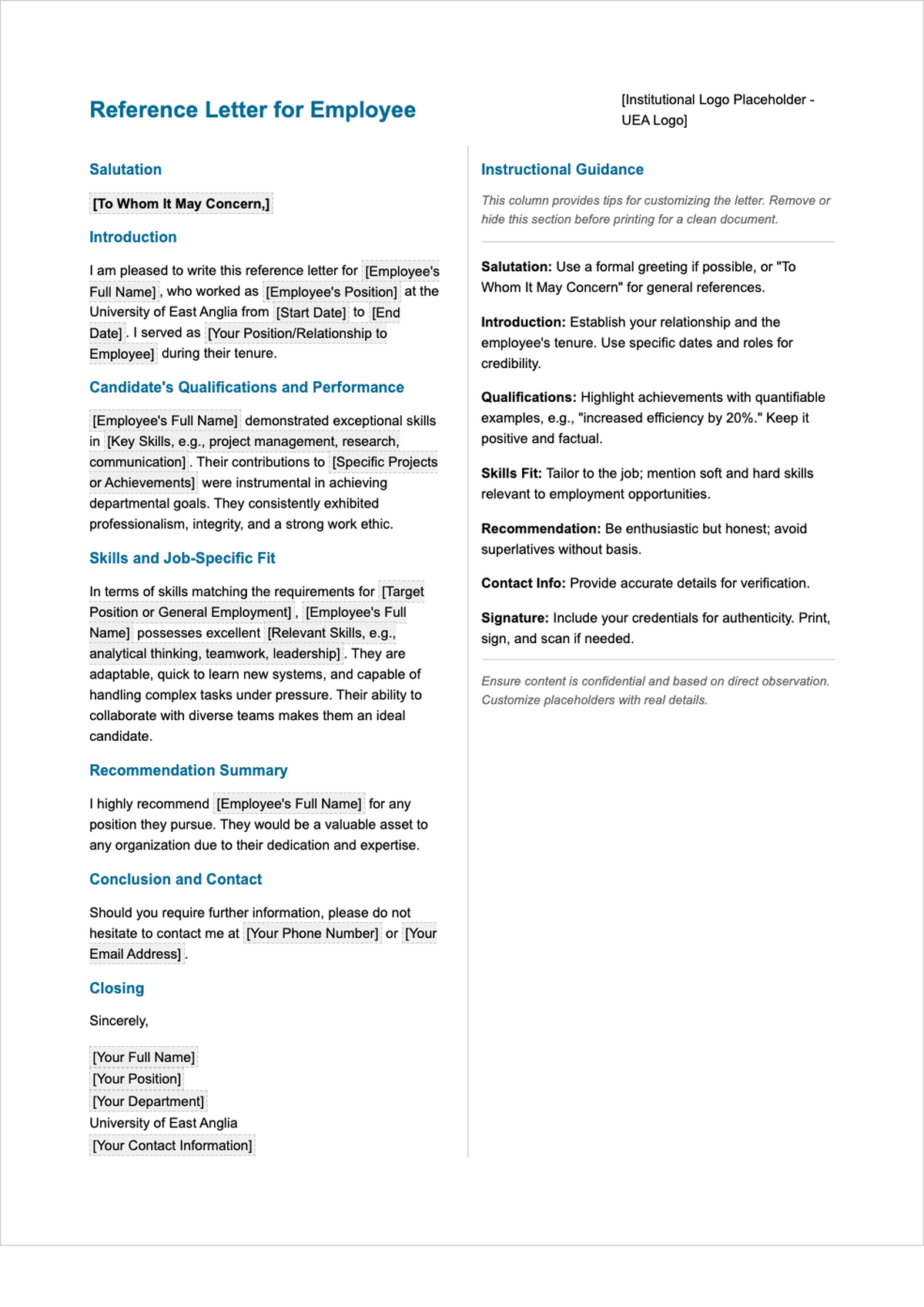 University of East Anglia reference letter template with structured sections and formatting guide_variant_1